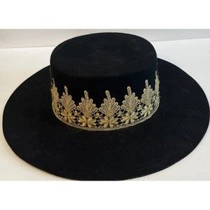 Olive And Pique 100% Wool Black Felt Hat W/ Gold Appliqué Adjustable Boho